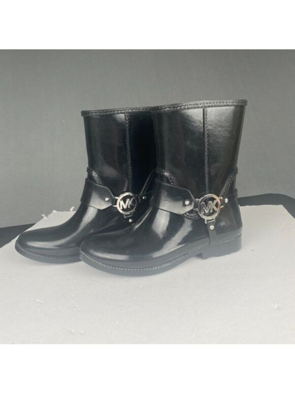 Michael Kors Fulton Harness Black Blue Rain Bootie Ankle Boots Size 6
